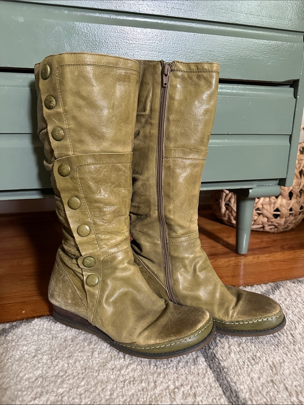 Miz Mooz Olive Green Women's Button-Detail Mid-Calf Leather Boots
